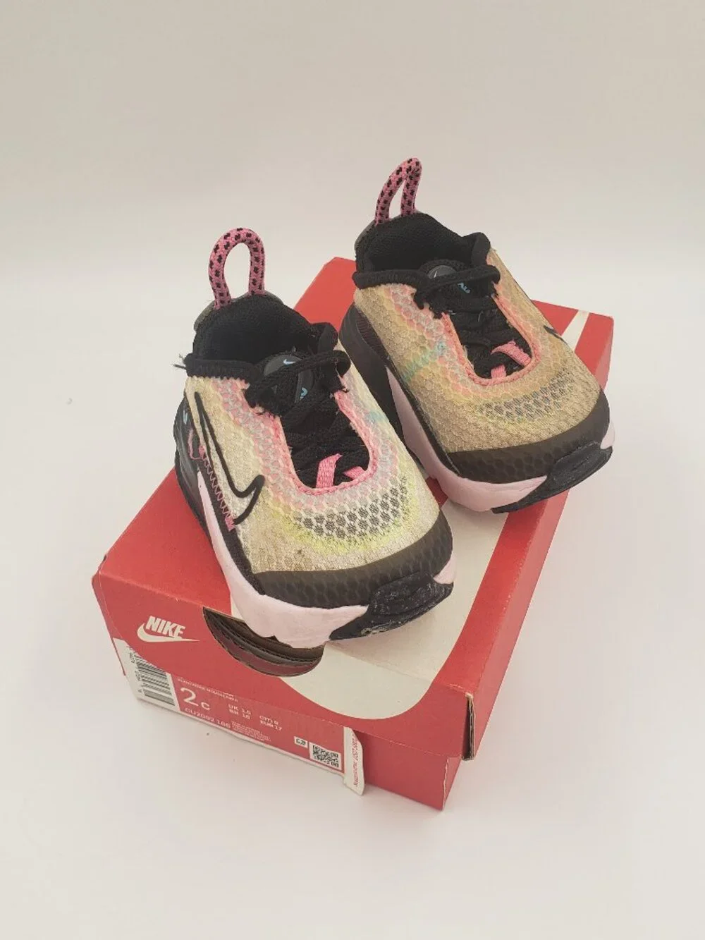 Nike Air Max 2090 (TD) Size 2C, White/Black-Pink Foam Plus Red Sequined Bow Shoe
